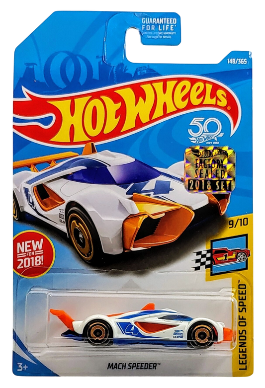 Hot Wheels 2018 - Collector # 148/365 - Legends of Speed 9/10 - New Models - Mach Speed - White / #4 - Aero Disc Wheels - USA 50th Card with Factory Set Sticker