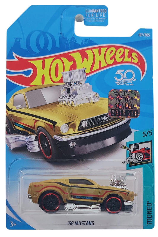 Hot Wheels 2018 - Collector # 157/365 - Tooned 5/5 - '68 Mustang - Matte Dark Gold - USA 50th Card with Factory Set Sticker