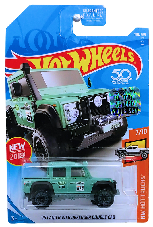 Hot Wheels 2018 - Collector # 158/365 - HW Hot Trucks 07/10 - New Models - '15 Land Rover Defender Double Cab - Eggshell Green / #822 - USA 50th Card with Factory Set Sticker