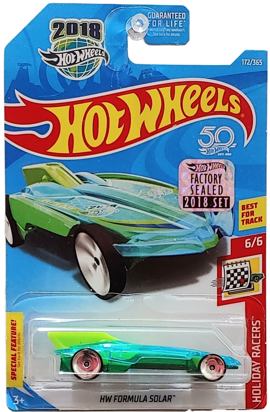 Hot Wheels 2018 - Collector # 172/365 - Holiday Racers 6/6 - HW Formula Solar - Transparent Blue / 'Earth Day' - USA 50th Card with Factory Sticker