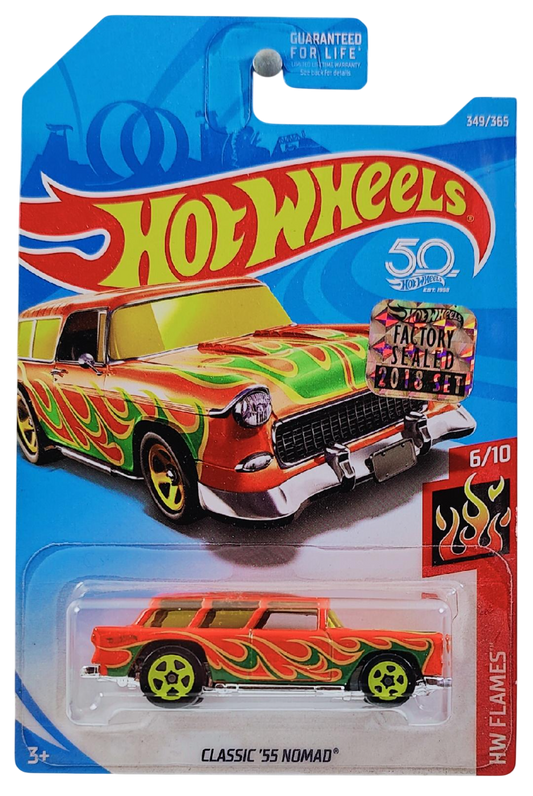 Hot Wheels 2018 - Collector # 349/365 - HW Flames 6/10 - Classic '55 Nomad - Orange - USA 50th Card with Factory Set Sticker