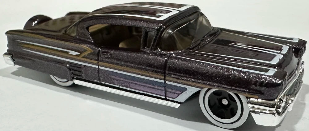 Hot Wheels 2025 - Collector # 111/250 - Rod Squad 8/10 - '58 Chevy Impala - Metalflake Wine / Scallops, Stripes and Pinstripes - B5SP Wheels on White Walls - USA Card