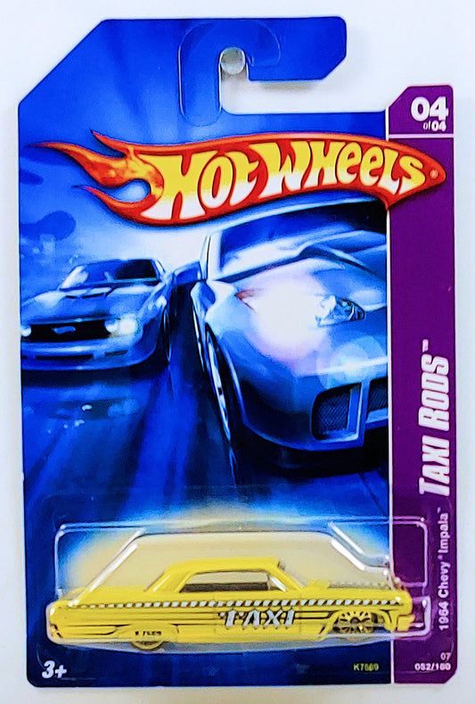Hot Wheels 2007 - Collector # 052/180 - Taxi Rods 4/4 - 1964 Chevy Impala - Metalflake Yellow / Taxi - Gold Lace Wire (LW) Wheels - USA Card