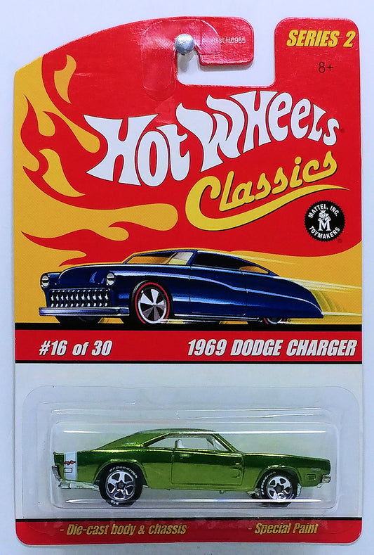 Hot Wheels 2006 - Classics Series 2 # 16/30 - 1969 Dodge Charger - Spectraflame Olive Green - 5 Spokes with BF Goodrich Tires - Metal/Metal - Opening Hood
