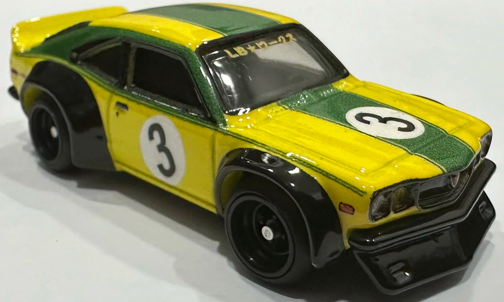 Hot Wheels 2024 - Premium / Car Culture / Japan Historics 4 # 5/5 - Mazda RX-3 - Yellow with Green Stripes & #3 - Metal/Metal & Real Riders