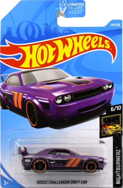 Hot Wheels 2019 - Collector # 179/250 - Nightburnerz 6/10 - Dodge Challenger Drift Car - Purple - USA Card