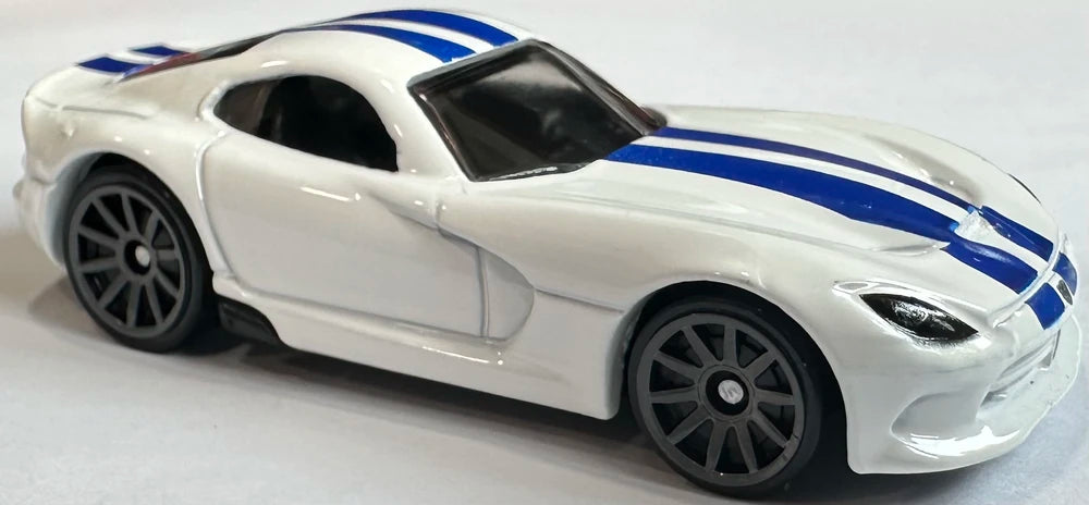 Hot Wheels 2025 - Collector # 214/250 - Then and Now 6/10 - 2013 SRT Viper - White / Blue Racing Stripes - Gray 10 Spokes - USA Card