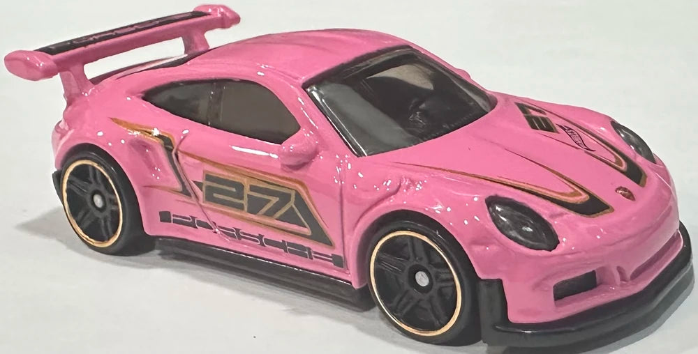Hot Wheels 2025 - Collector # 220/250 - Then and Now 8/10 - Porsche 911 GT3 RS - Pink / #27 / Black & Gold Accents - USA Card