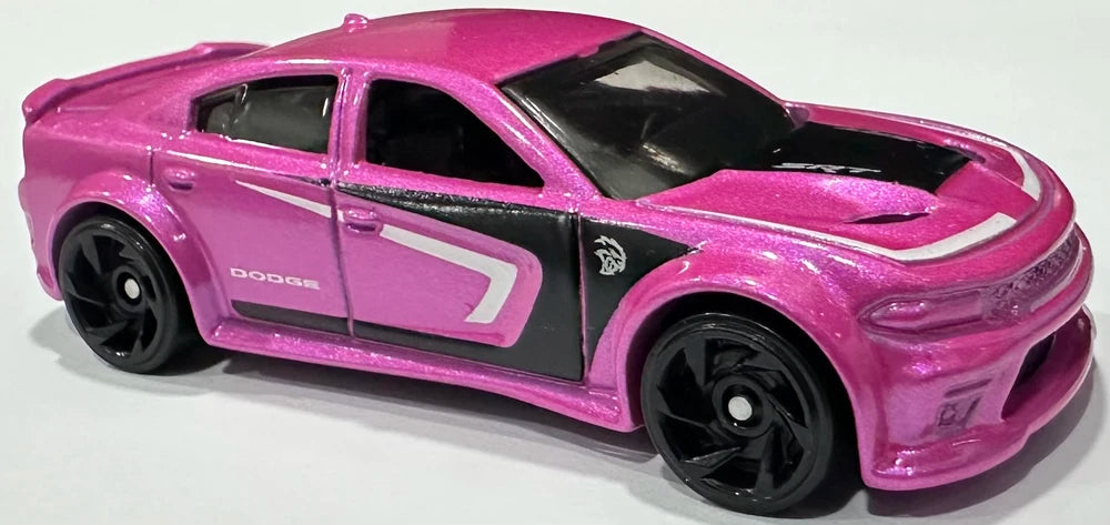 Hot Wheels 2025 - Collector # 240/250 - Muscle Mania 9/10 - '20 Dodge Charger Hellcat - Metalflake Pink Pearl / Black & White Accents - USA Card