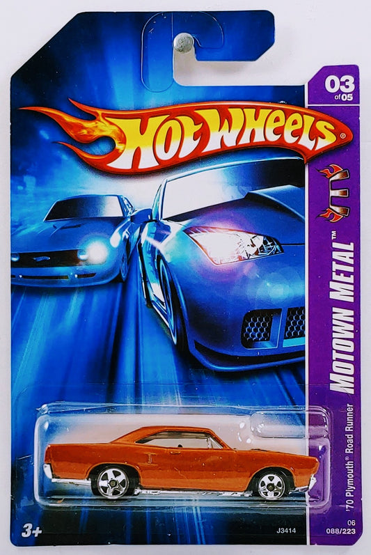 Hot Wheels 2006 - Collector # 088/223 - Motown Metal 3/5 - '70 Plymouth Road Runner - Dark Metallic Orange - 5 Spokes - USA '07 Card