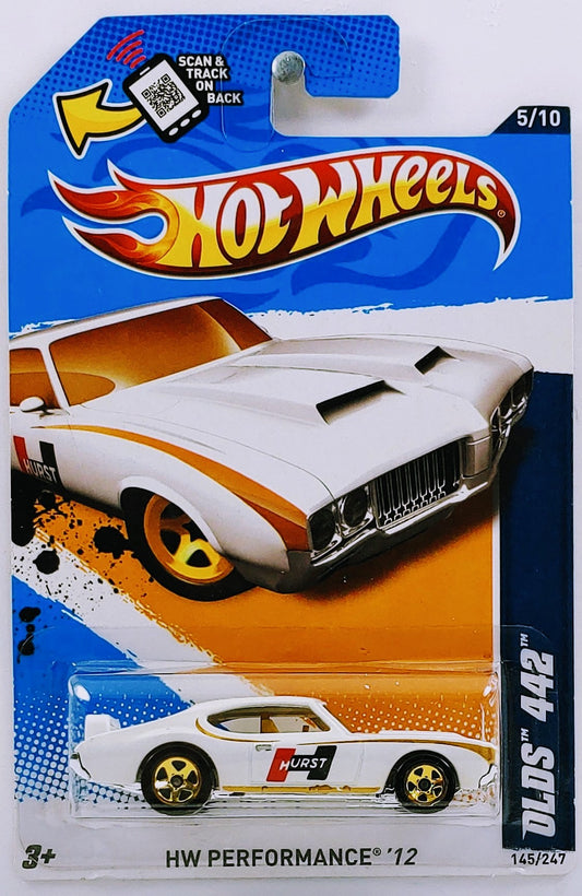 Hot Wheels 2012 - Collector # 145/247 - HW Performance 5/10 - Olds 442 - White / Hurst Shifter - Gold 5 Spokes - USA