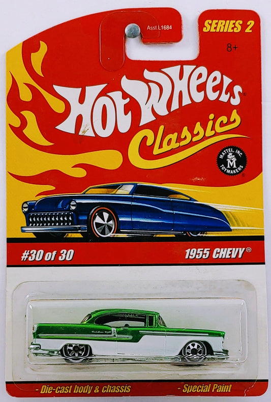 Hot Wheels 2006 - Classics Series 2 # 30/30 - 1955 Chevy - Spectraflame Green over White Enamel - 7 Spokes on White Walls - Metal/Metal - NEW Casting!