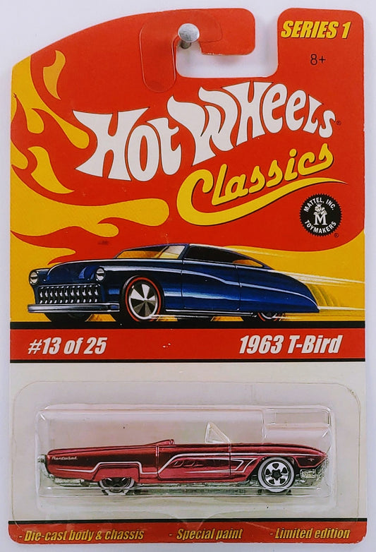 Hot Wheels 2005 - Classics Series 1 # 13/25 - 1963 T-Bird - Spectraflame Magenta / White Stripes - 5 Spokes with White Lines - Metal/Metal