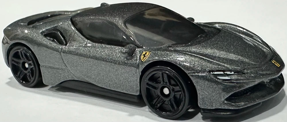 Hot Wheels 2025 - Collector # 191/250 - Factory Fresh 5/5 - Ferrari SF90 Stradale - Metalflake Dark Gray / Black Roof - Black PR5 Wheels - USA 'Prancing Horse' Card