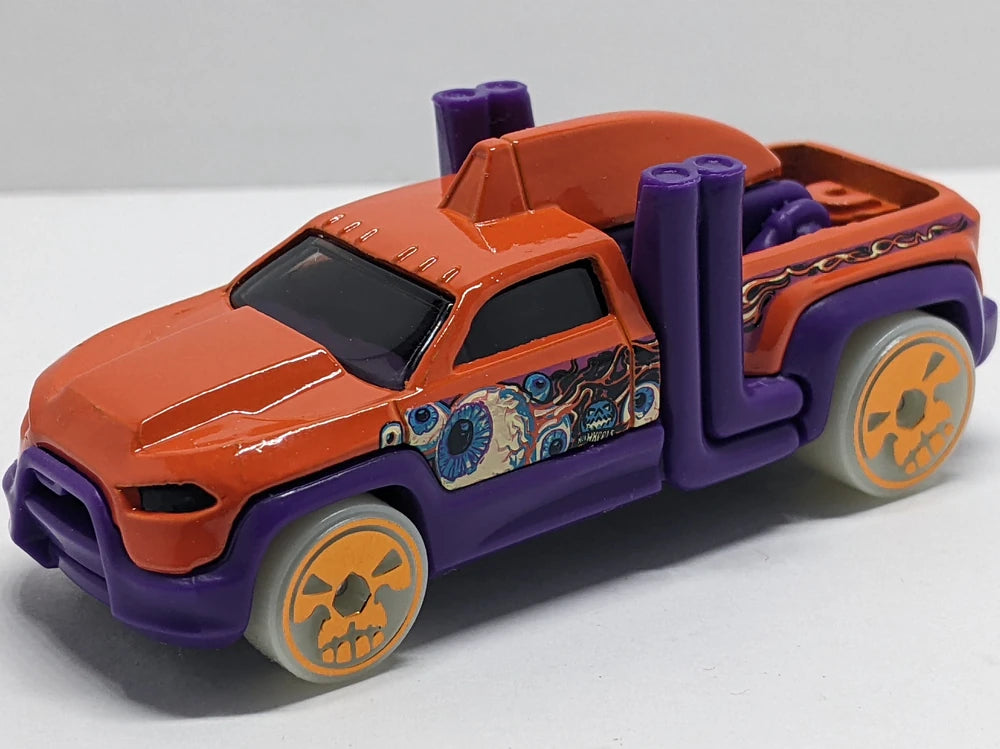 Hot Wheels 2025 - Theme / Happy Halloween Series 2/5 - Diesel Duty - Orange & Purple - Orange Chrome Skull Wheels - Grocery Store's Exclusive - Special Halloween Blister Card