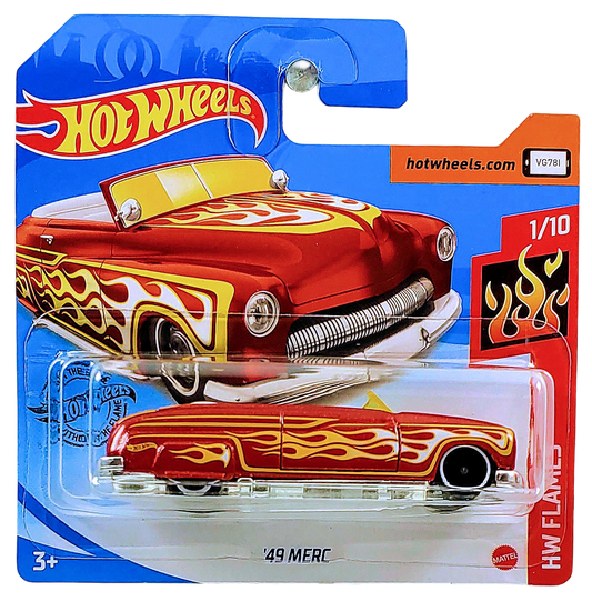 Hot Wheels 2020 - Collector # 219/250 - HW Flames 1/10 - '49 Merc (Convertible) - Metallic Red Orange - International Short Card