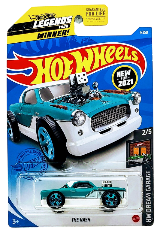 Hot Wheels 2021 - Collector # 001/250 - HW Dream Garage 2/5 - New Models - Legends Tour Winner - The Nash - Turquoise & White - Blue SK5SP Wheels - USA 'Legends Tour' Card