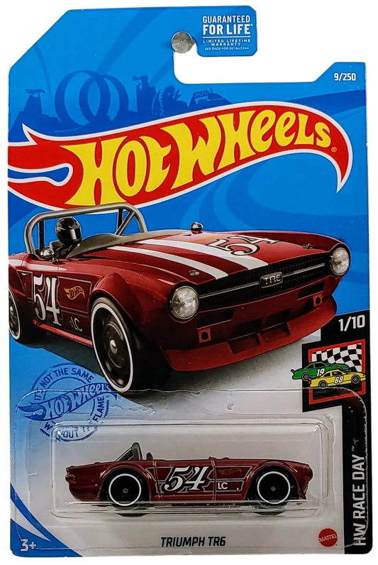 Hot Wheels 2021 - Collector # 009/250 - HW Race Day 1/10 - Triumph TR6 - Metallic Red / #54 - USA Card