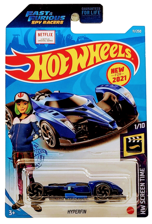 Hot Wheels 2021 - Collector # 011/250 - HW Screen Time 1/10 - New Models - Hyperfin - Blue Metalflake - USA 'Fast & Furious Spy Racers' Card