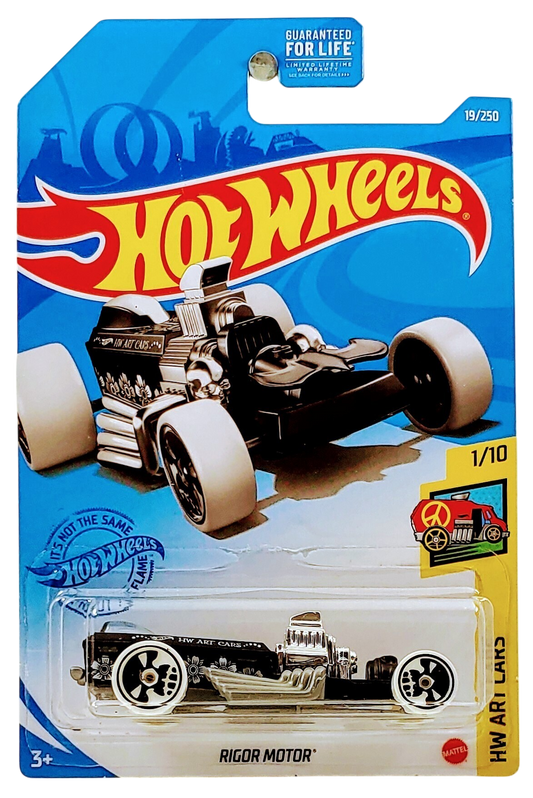 Hot Wheels 2021 - Collector # 019/250 - HW Art Cars 01/10 - Rigor Motor - Matte Black - Gray Base & Exhaust - White Tires on Black Skull Wheels - USA Card