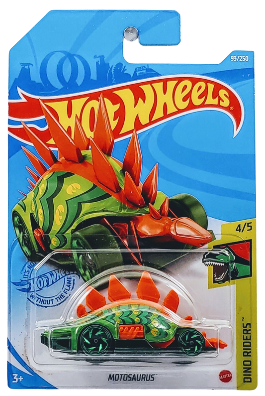 Hot Wheels 2021 - Collector # 093/250 - Dino Riders 4/5 - Treasure Hunts - Motosaurus - Green Body & Orange Scales / Circle Flame Logos on Body - International Card