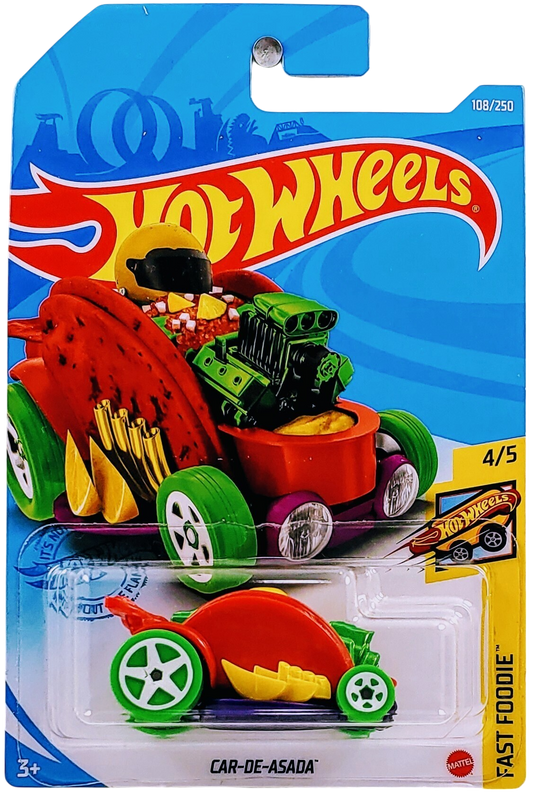 Hot Wheels 2021 - Collector # 108/250 - Fast Foodie 4/5 - New Models - Car-de-Asada (Taco) - Red Shell / Purple Base / Green Tires on White 5 Spokes - International Card