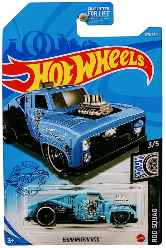 Hot Wheels 2021 - Collector # 120/250 - Rod Squad 3/5 - Erikenstein Rod - Ice Blue / Flames - DD8 Wheels - USA Card