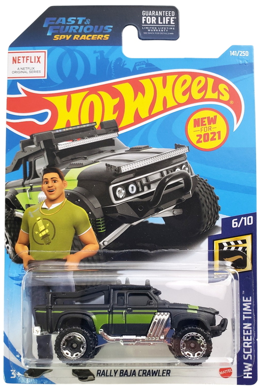 Hot Wheels 2021 - Collector # 141/250 - HW Screen Time 6/10 - New Models - Rally Baja Crawler - Flat Black / Black Bed, Fenders & Windows - BLOR Wheels - USA 'Fast & Furious Spy Racers' Card