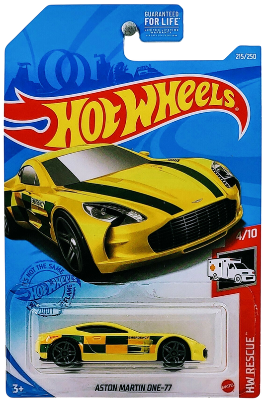 Hot Wheels 2021 - Collector # 215/250 - HW Rescue 4/10 - Aston Martin One-77 - Pale Yellow - Smoked Windows - Black Interior - Black Plastic Base - Gray PR5 Wheels - USA Card