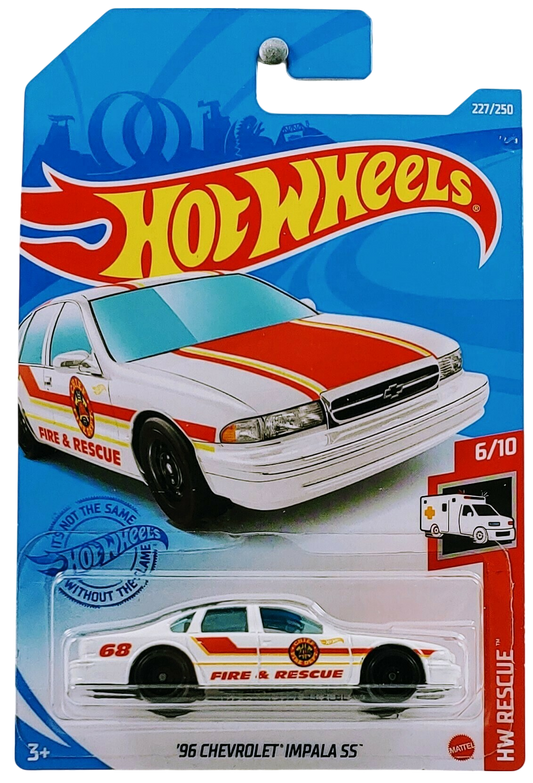 Hot Wheels 2021 - Collector # 227/250 - HW Rescue 06/10 - '96 Chevrolet Impala SS - White - Red & Yellow Stripes / 'Fire & Rescue' / '68' - International Card