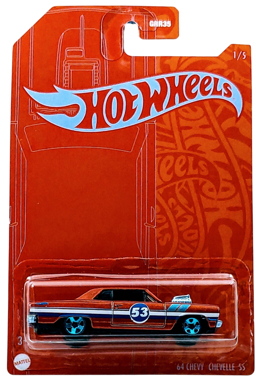 Hot Wheels 2021 - Theme / 53rd Anniversary / Wave 1 / Orange & Blue Series # 1/5 - '64 Chevy Chevelle SS - Metalflake Orange - Blue 5 Spoke Wheels - Orange Blister Card - Drug Stores Exclusive