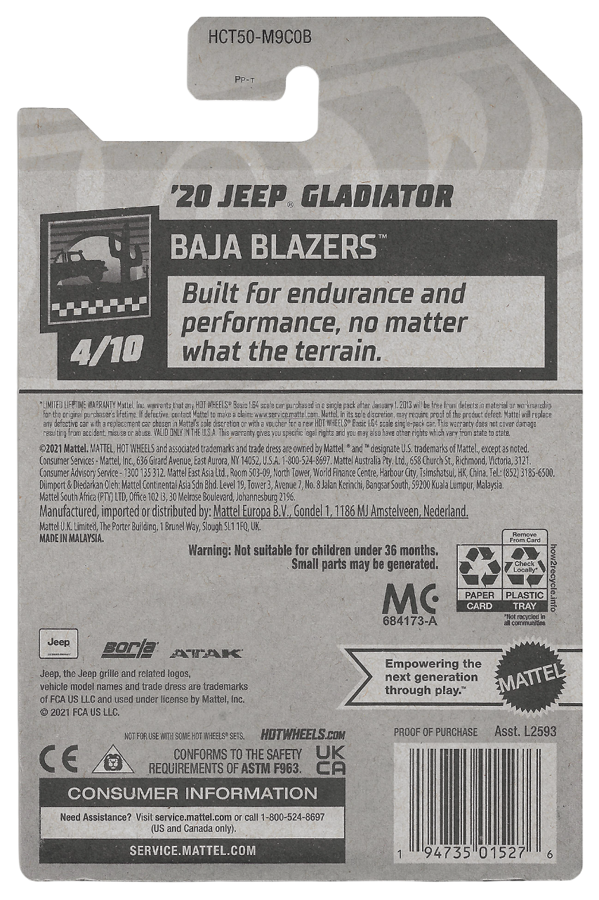 Hot Wheels 2022 - Collector # 026/250 - Baja Blazers 4/10 - '20 Jeep Gladiator - Black / Borla - USA Card