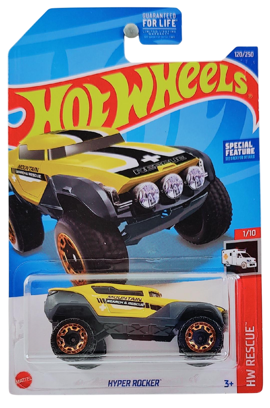Hot Wheels 2022 - Collector # 120/250 - HW Rescue 1/10 - Hyper Rocker - Yellow & Black / 'Mountain Search & Rescue' - USA Card