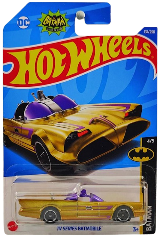 Hot Wheels 2022 - Collector # 131/250 - Batman 4/5 - TV Series Batmobile - Gold Metallic / Purple Accents - Retro Slot Wheels - International 'DC Batman' Card