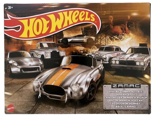 Hot Wheels 2023 - Theme Multipack / ZAMAC - Shelby Cobra 427 S/C / Nissan 370Z / Land Rover Series III Pickup / Aston Martin Vulcan / '52 Hudson Hornet / '68 El Camino - All ZAMACs - All Basic Wheels - Box Set 6 Vehicles