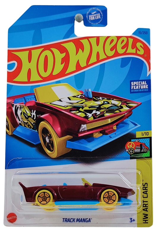 Hot Wheels 2023 - Collector # 015/250 - HW Art Cars 01/10 - Track Manga - Purple / 'K' / Yellow Dog Robot - MC5 Wheels - USA Card - ERROR No Side Tampo!