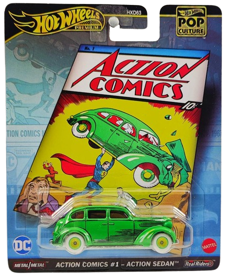 Hot Wheels 2024 - Premium / Pop Culture / Batman - Action Comics #1 - Action Sedan - Glossy Green - Metal/Metal & Real Riders - Action Comics Card