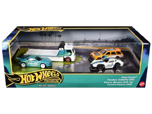 Hot Wheels 2024 - Premium Car Set / GReddy - Custom Datsun 240Z, Nissan Maxima Drift Car, Pandem Subaru BRZ & Fleet Street - 'GReddy' Graphics - Metal/Metal & Real Riders - Diorama Display Box