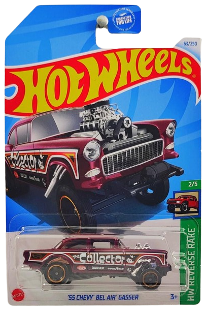 Hot Wheels 2024 Collector 063 250 HW Reverse Rake 2 5 55 Chevy Bel Air Gasser Metalflake Maroon Collector Ringed Black RSW USA Card