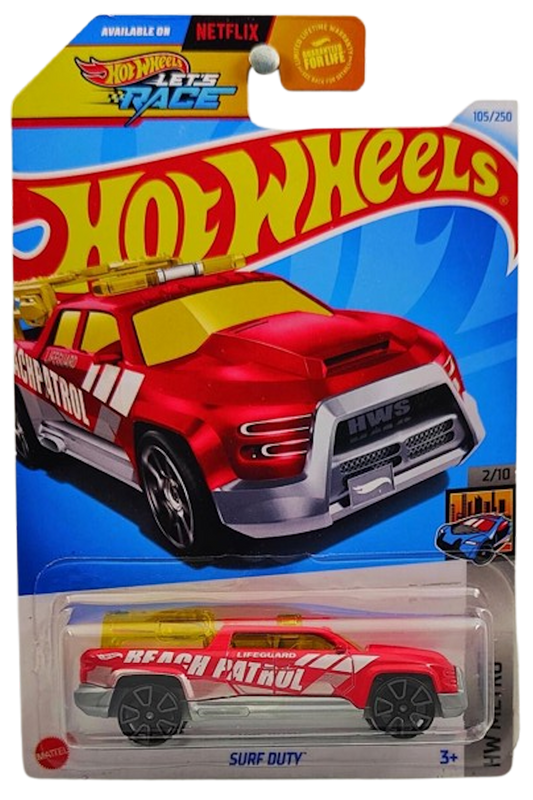 Hot Wheels 2024 - Collector # 105/250 - HW Metro 02/10 - Surf Duty - Red / 'Beach Patrol' - USA 'Let's Race' Card