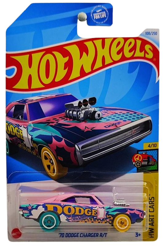 Hot Wheels 2024 - Collector # 108/250 - HW Art Cars 04/10 - '70 Dodge Charger R/T - Pink / 'DODGE' - USA Card
