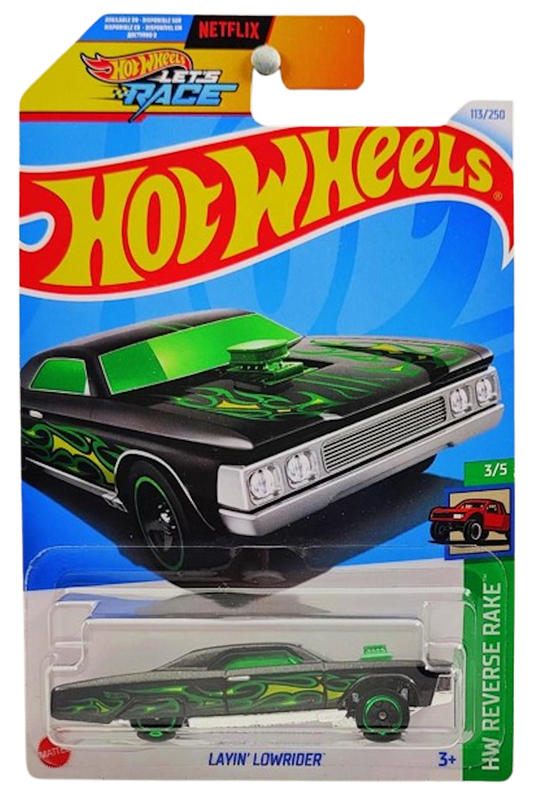 Hot Wheels 2024 - Collector # 113/250 - HW Reverse Rake 03/05 - Layin' Lowrider - Metalflake Black - International 'Let's Race' Card