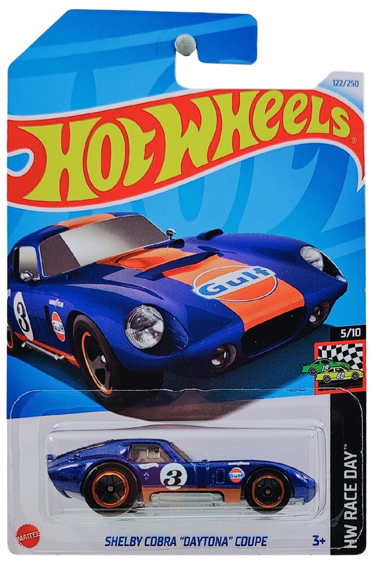 Hot Wheels 2024 - Collector # 122/250 - HW Race Day 05/10 - Shelby Cobra "Daytona" Coupe - Gulf Racing Dark Blue / #3 - 5SP Wheels - international Card