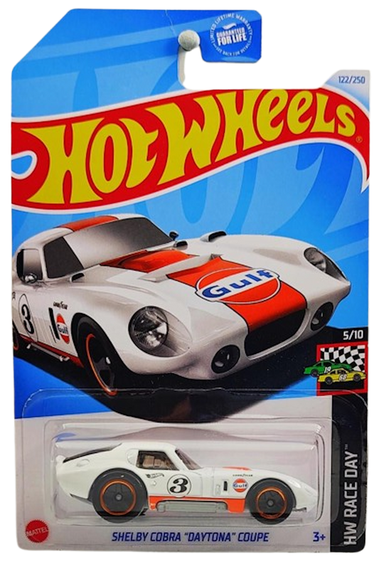Hot Wheels 2024 - Collector # 122/250 - HW Race Day 05/10 - Shelby Cobra "Daytona" Coupe - White / Gulf Racing / #3 - Black 5SP Wheels - Walgreens Exclusive - USA Card