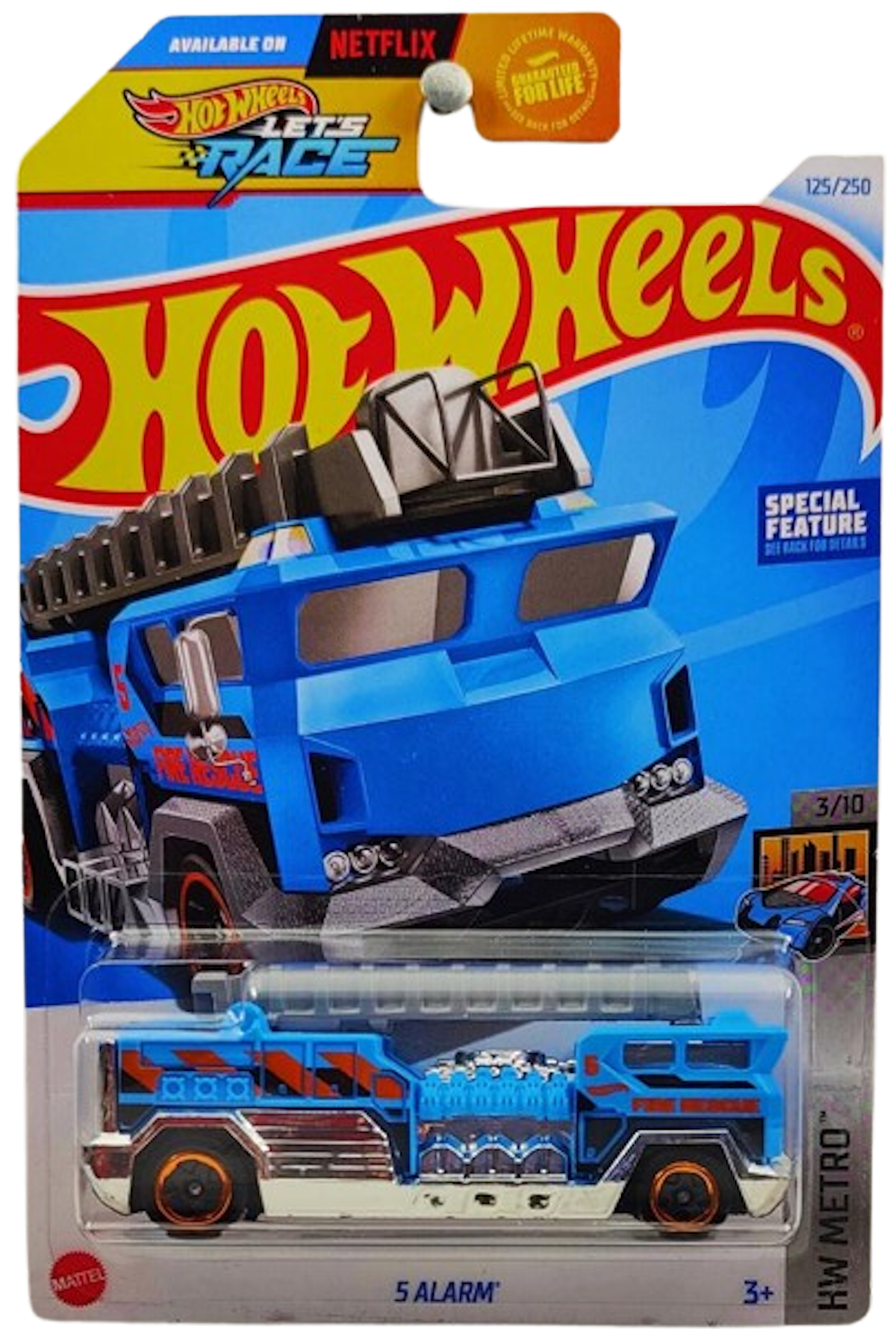 Hot Wheels 2024 Collector 125 250 HW Metro 3 10 5 Alarm Fire Truck Blue Fire Rescue Black 5 Spoke Wheels Movable Ladder USA Card
