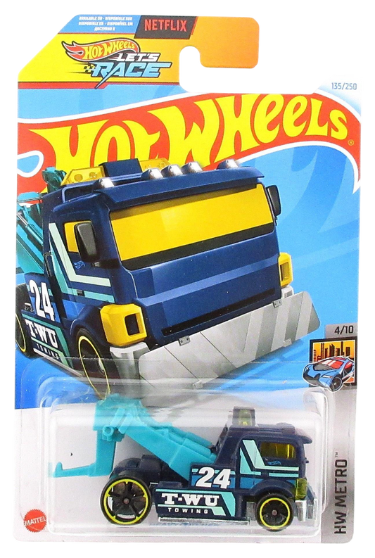 Hot Wheels 2024 - Collector # 135/250 - HW Metro 4/10 - Heavy Hitcher - Dark Blue - '24' / 'TWU Towing' - OH5SP Wheels - International 'Let's Race' Card