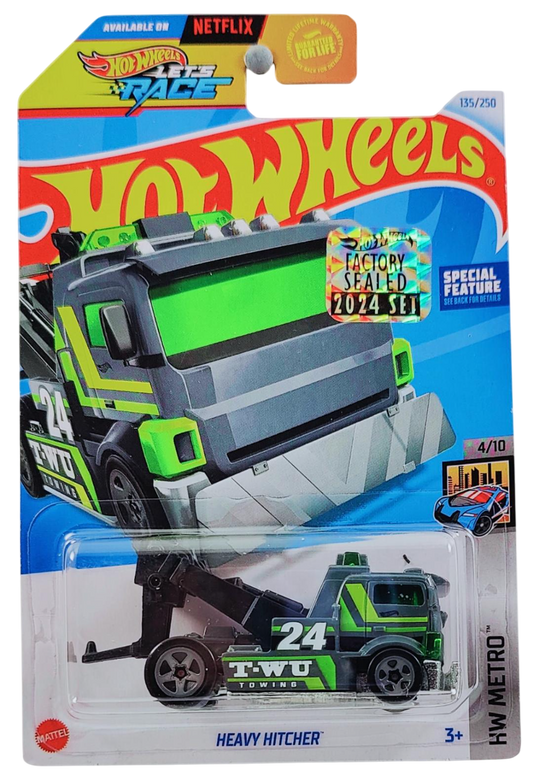 Hot Wheels 2024 - Collector # 135/250 - HW Metro 4/10 - Heavy Hitcher - Gray - '24' / 'TWU Towing' - 5SP Gray Wheels - USA Card with Factory Set Sticker