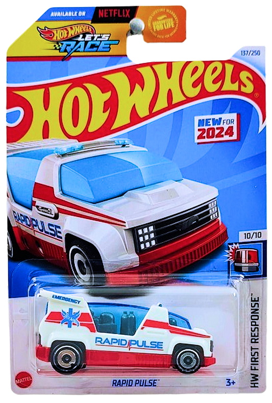 Hot Wheels 2024 - Collector # 137/250 - HW First Response 10/10 - New Models - Rapid Pulse - White - USA 'Let's Race' Card