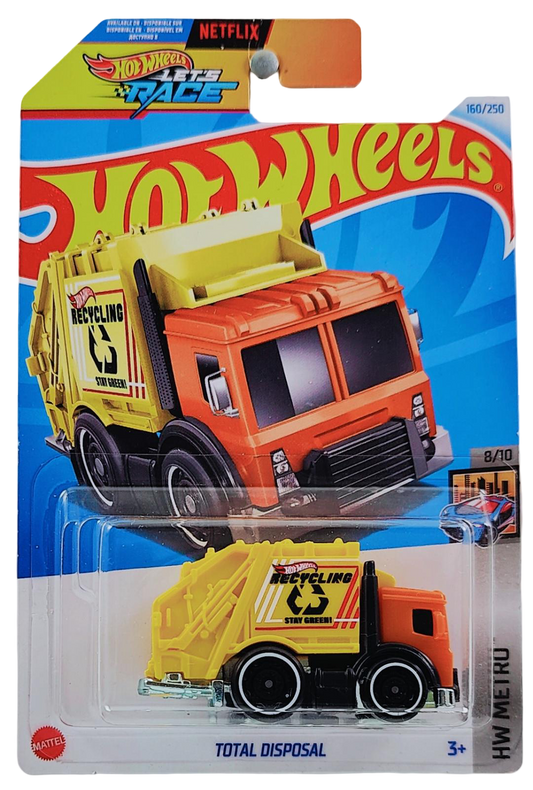 Hot Wheels 2024 - Collector # 160/250 - HW Metro 8/10 - Total Disposal (Garbage Truck) - Orange Cab / Yellow Container - International 'Let's Race' Card