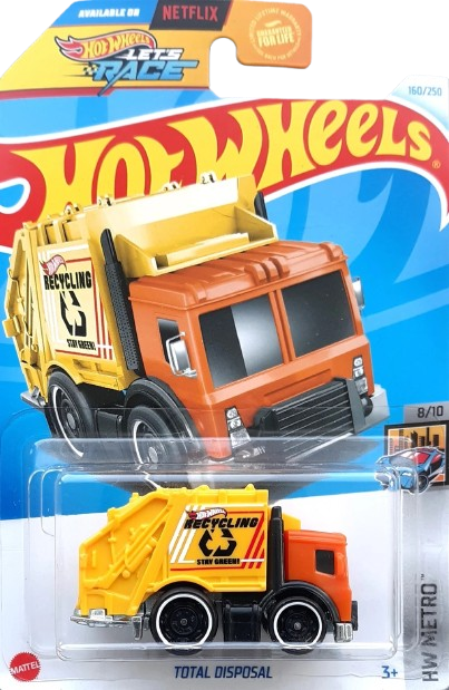 Hot Wheels 2024 - Collector # 160/250 - HW Metro 8/10 - Total Disposal (Garbage Truck) - Orange Cab / Yellow Container - USA 'Let's Race' Card